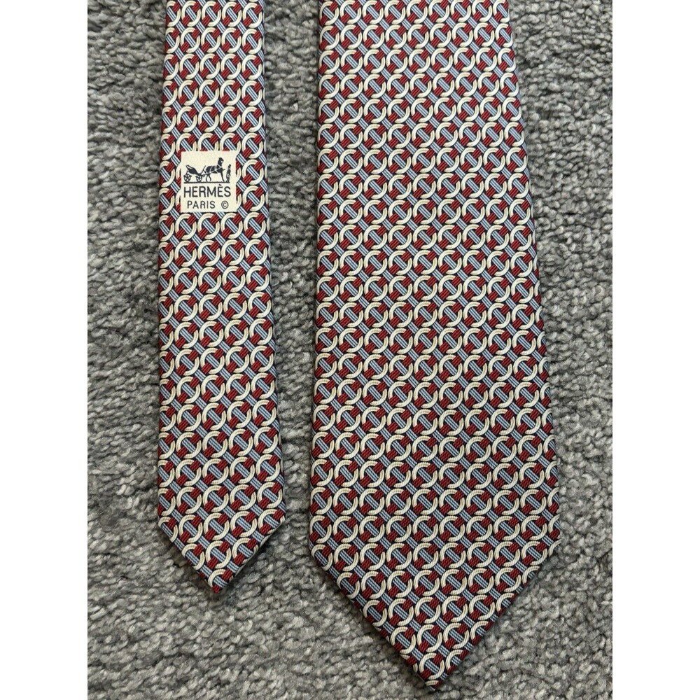 Hermes‎ Silk Tie Red Blue Geometric Pattern 7760